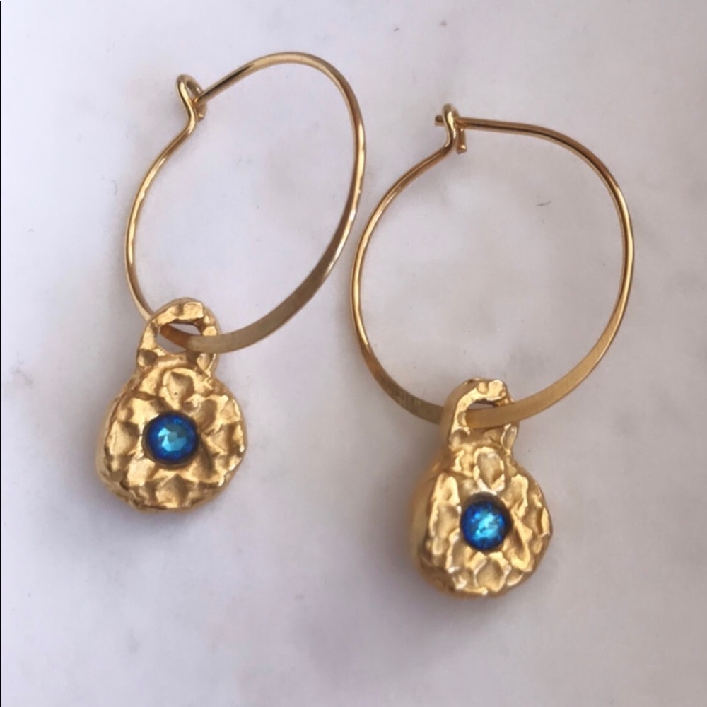 Hammered gold plated Aquamarine hoop earrings.